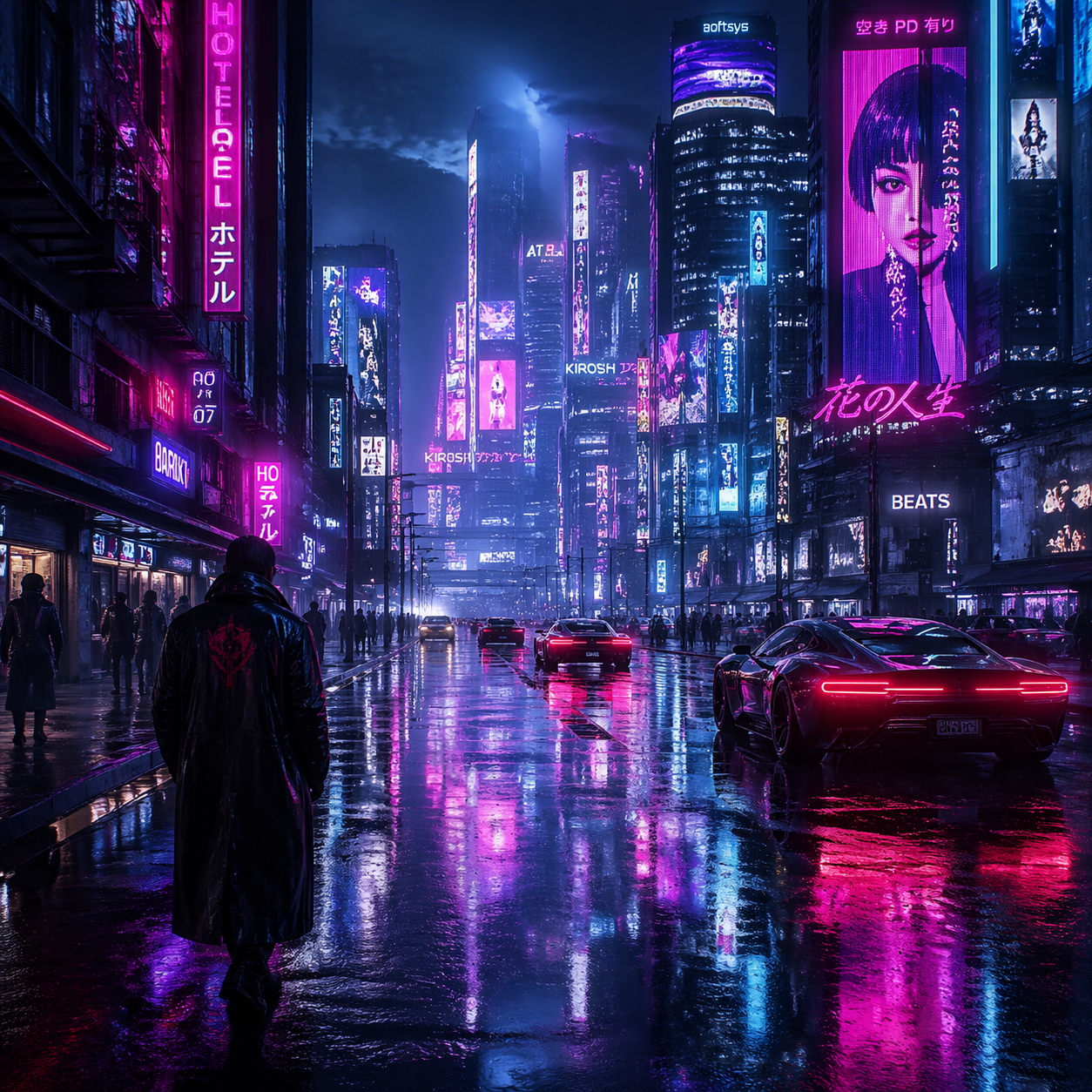 赛博朋克风格的未来城市夜景，霓虹灯光倒映在雨水中