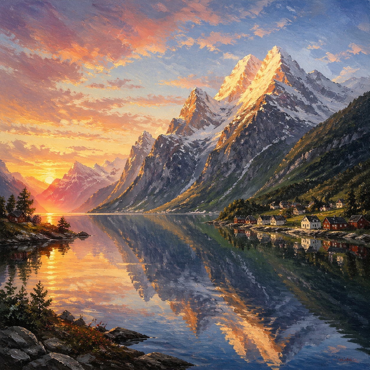 油画质感的挪威峡湾，晨曦中的雪山与倒影
