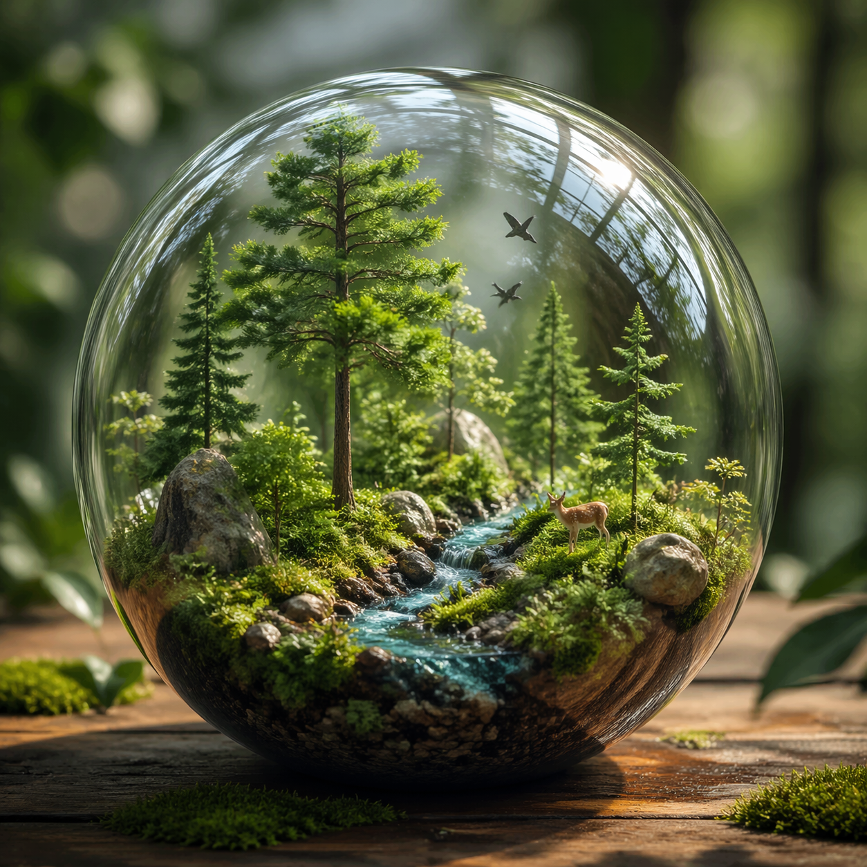 3D 渲染的透明玻璃球，内部有微缩森林生态