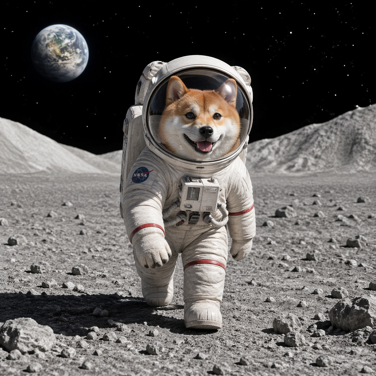 一只穿着宇航服的柴犬在月球表面散步