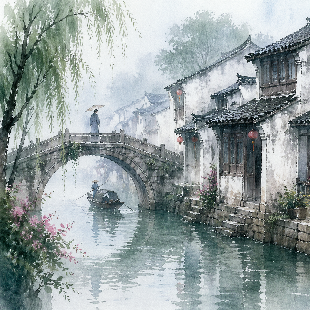 水彩风格的江南水乡，烟雨朦胧中的小桥流水人家