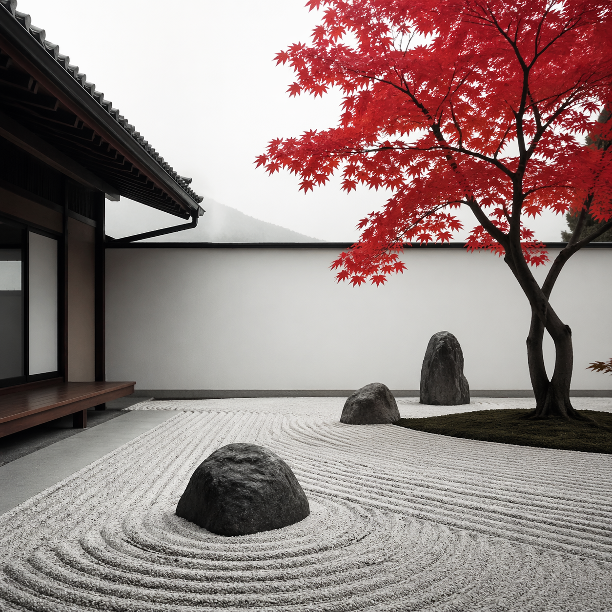 极简主义日式庭院，枯山水与红枫